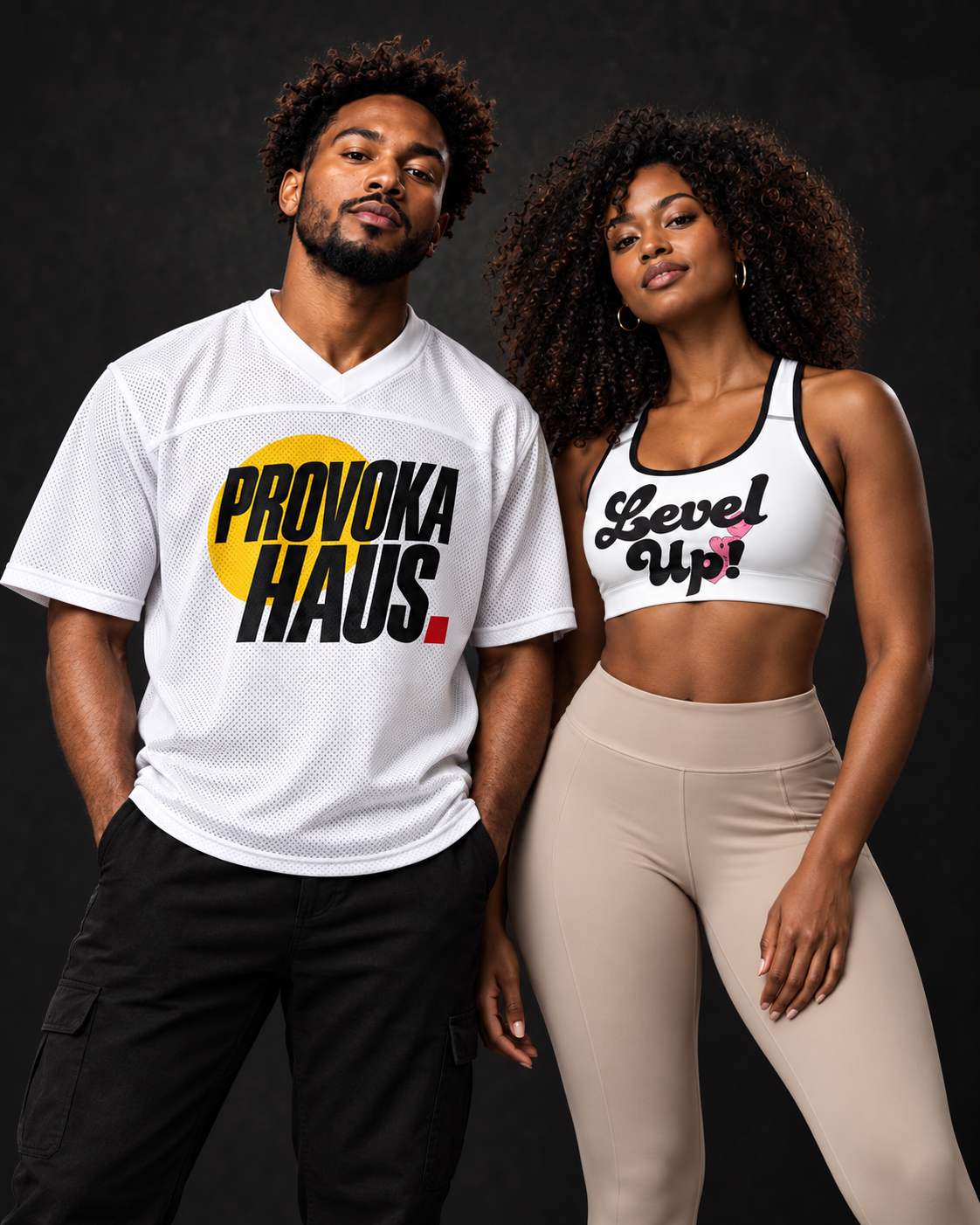 Two models wearing the white ProvokaHaus jersey and Level Up sports bra